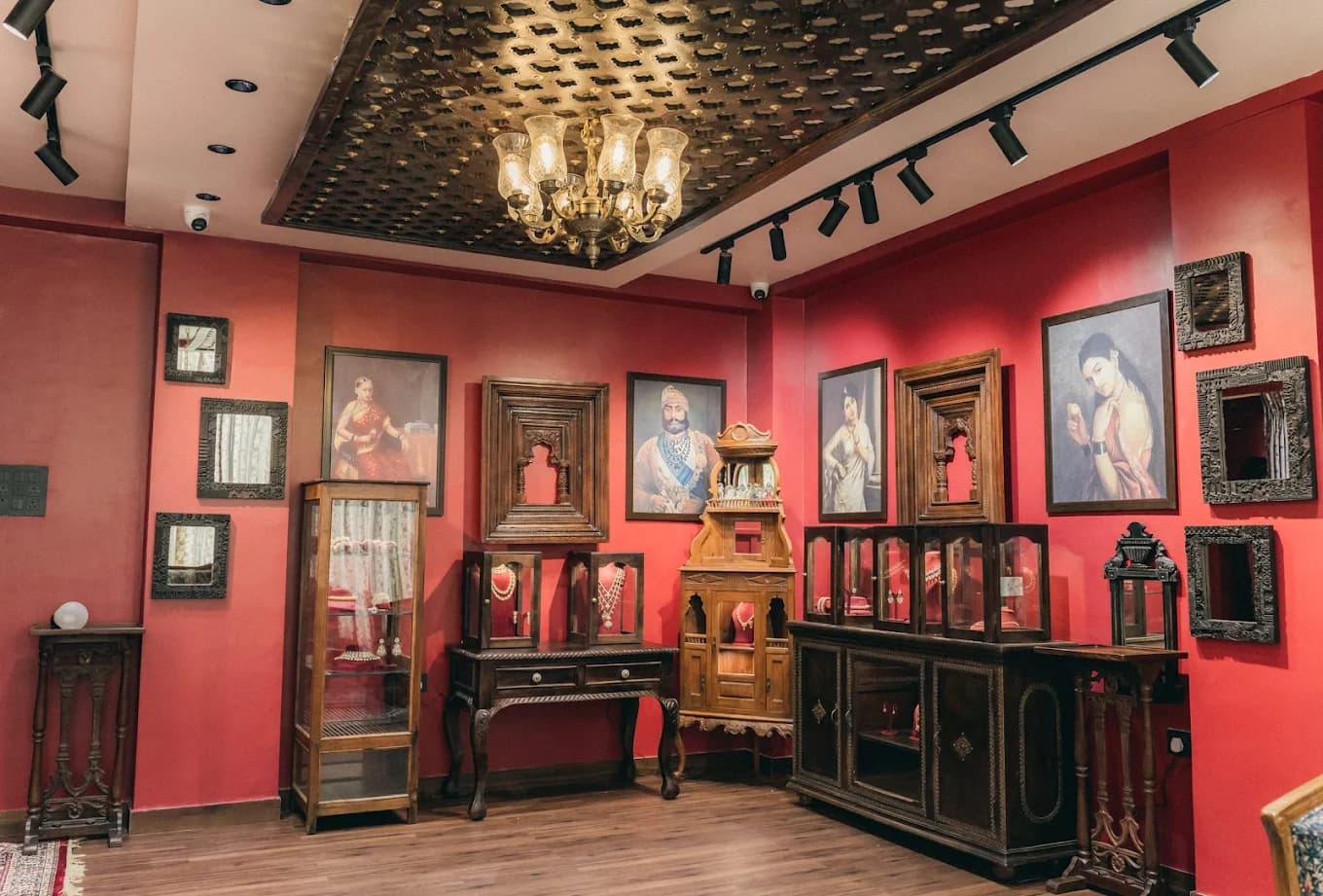 Jewellery display cases and seating at the Shrivatsa store, Jodhpur