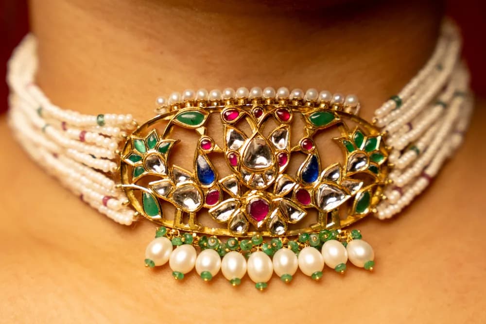 Uncut polki diamond choker with pearl drops, Shrivatsa Jodhpur