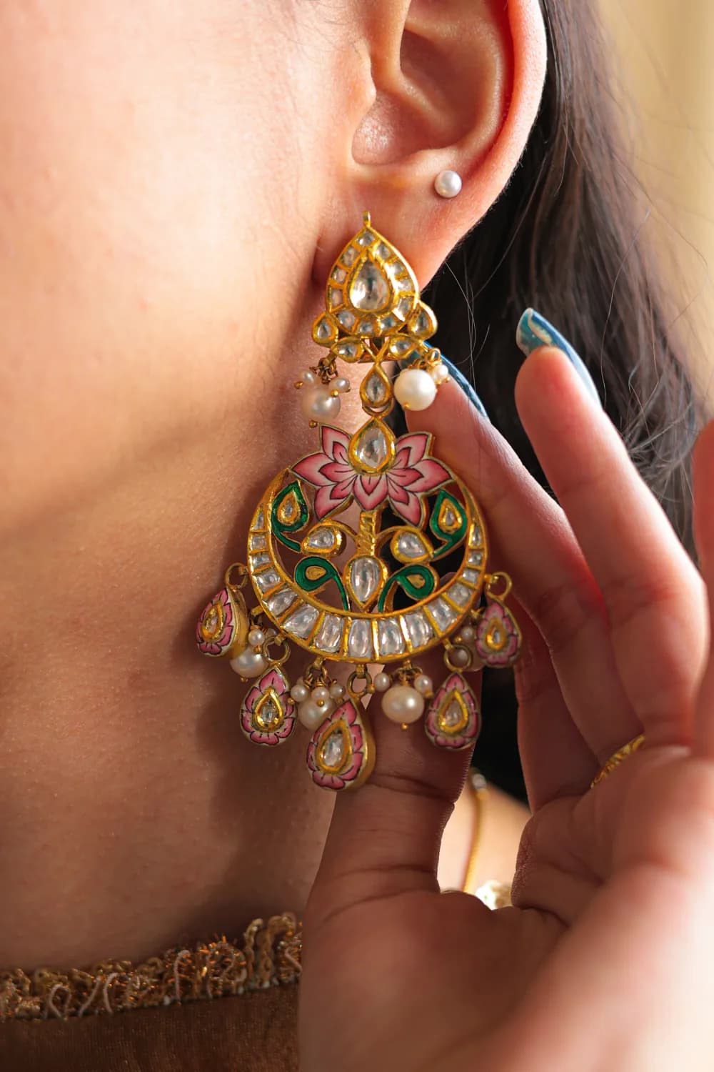 Chandbali crescent earrings with meenakari and polki, Shrivatsa Jodhpur